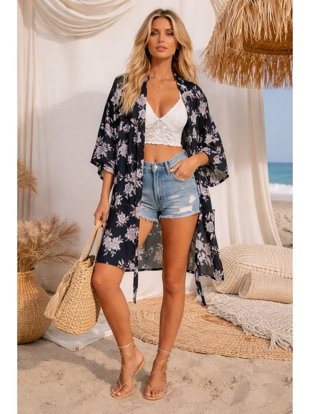 Spiritual Gangster Maya Black Floral Tie Front Boho Kimono